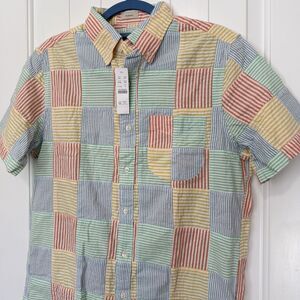 NEW J. Crew Patchwork Seersucker Plaid Short Sleeve Button Down Shirt Men Small